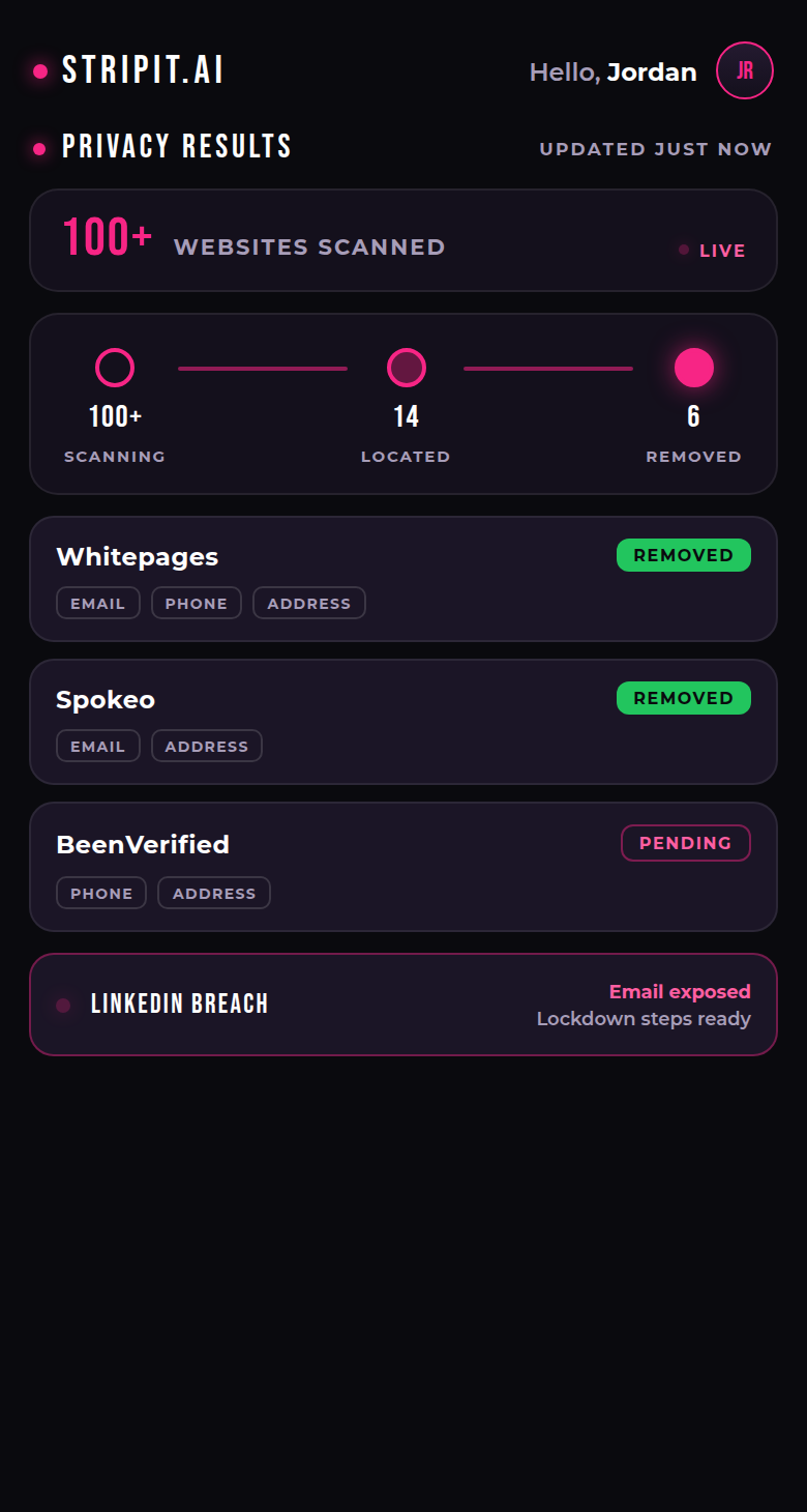STRIPIT privacy dashboard overview